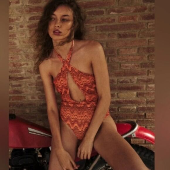 ZARA WAVE PRINT ORANGE HALTER SWIMSUIT SIZE XL - Picture 5 of 5